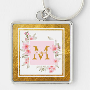 Monogramm Initiale "M" Floral - Rosa Rosen & Gold Schlüsselanhänger