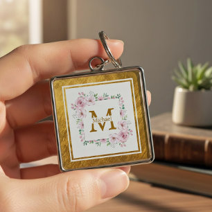 Monogramm Initiale "M" Floral - Rosa Rosen & Gold Schlüsselanhänger