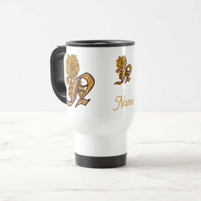 Monogramm Initiale N Goldene Pfingstrose Personali Reisebecher (Vorderseite Links)