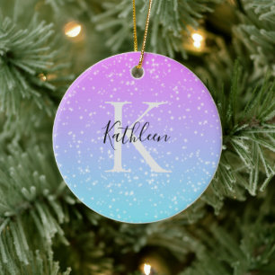 Monogramm Initiale Name Pink Blau Glitzer Ombre Keramik Ornament