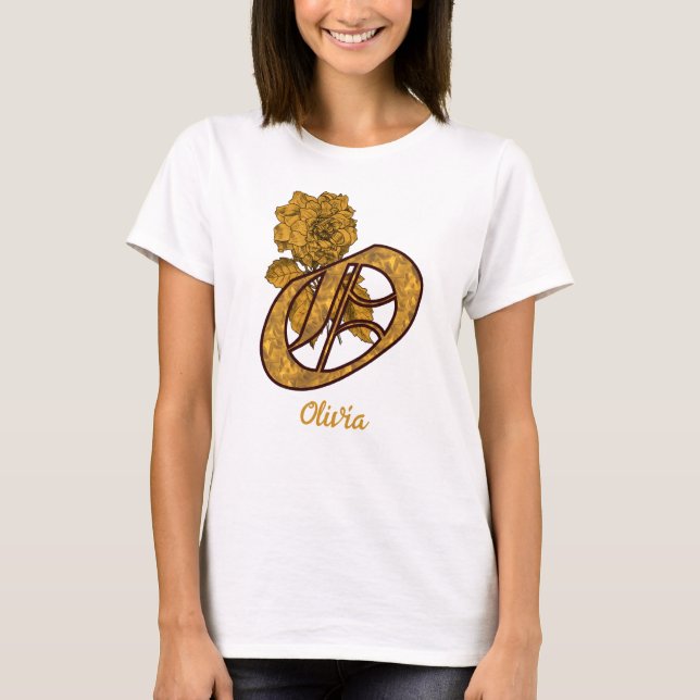 Monogramm Initiale O Goldpfingstrose Personalisier T-Shirt (Vorderseite)