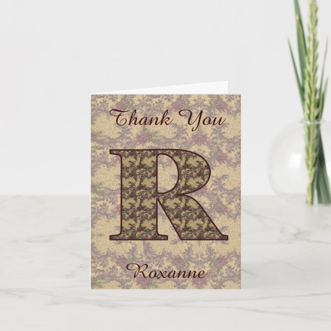 Monogramm Initiale R Elegantes Vintage-Blumenmuste Dankeskarte (Vorderseite)