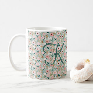 Monogramm Initiale Rosa Grün Aquarell Blumen Kaffeetasse