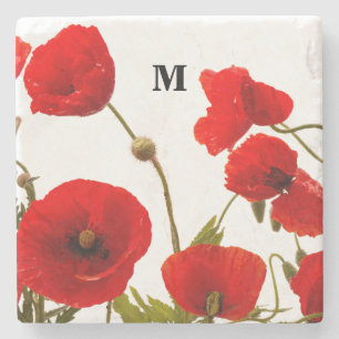 Monogramm Initiale Rote Mohn-Blume Wasserfarbe Steinuntersetzer