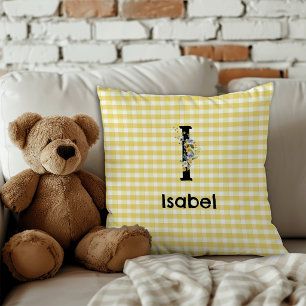 Monogramm initiale Wasserfarbe-Blumen-Gingham-Must Kissen