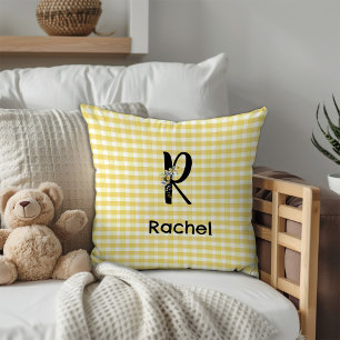 Monogramm initiale Wasserfarben-Blumen-Gingham-Mus Kissen