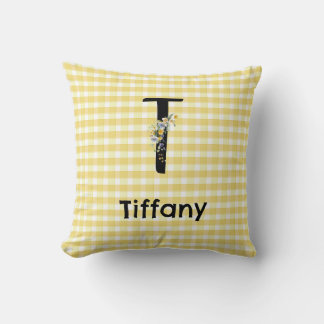 Monogramm initiale Wasserfarben-Blumen-Gingham-Mus Kissen