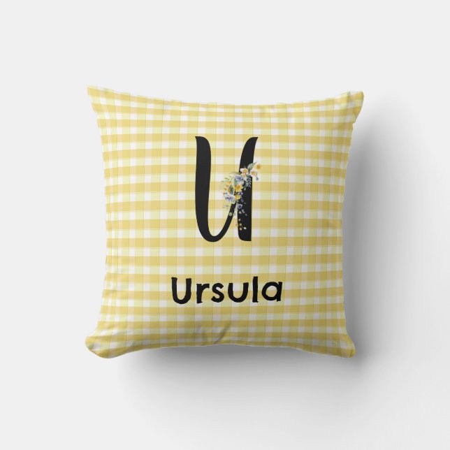 Monogramm initiale Wasserfarben-Blumen-Gingham-Mus Kissen (Vorderseite)