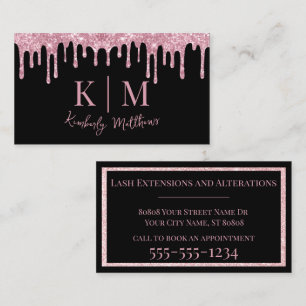 Monogramm-Initialen des rosa Glitzer auf Schwarz Visitenkarte