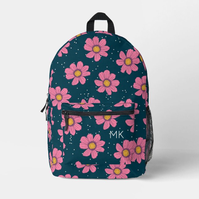 Monogramm-Initialen für hübsche, blaurosa Blume Bedruckter Rucksack (Vorderseite)