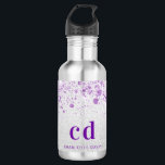 Monogramm-Initialen für lila Glitzer Edelstahlflasche<br><div class="desc">Ein Imitat silber aussehender Hintergrund mit lila Imitaten Glitzer Staub. Lila Text. Personalisieren Sie Ihre Monogramm-Initialen und Ihren Namen und fügen Sie sie hinzu.</div>