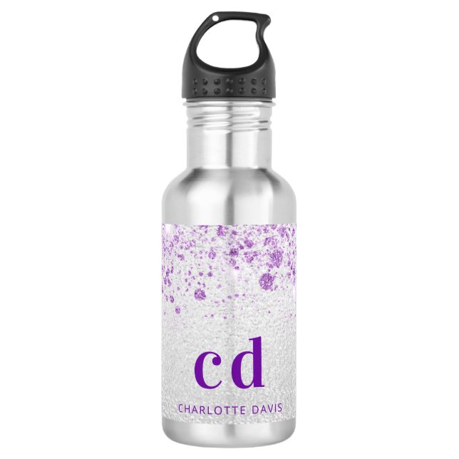 Monogramm-Initialen für lila Glitzer Edelstahlflasche (Vorderseite)