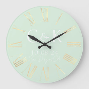 Monogramm-Initialen für Mint Green Wedding Große Wanduhr