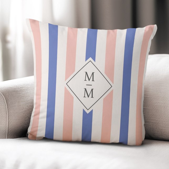 Monogramm-Initialen rosa blaue Streifen Kissen (Monogram initials pink blue stripes throw pillow)