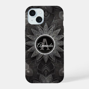 Monogramm Intricates Schwarz-Weiß-Blumen-Mandala iPhone 15 Hülle