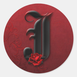 Monogramm J-Aufkleber für Schwarz und Rote Rose Runder Aufkleber