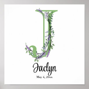 Monogramm J Lavendel-Eukalyptus-Kinderzimmerplakat Poster