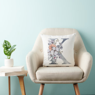 Monogramm K, Florale Wasserfarbe Blau Pfirsich Wei Kissen