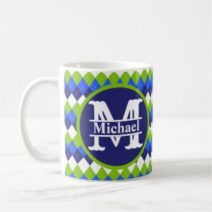 Monogramm-Kaffee, Lime-Grün und Weiß-Raute Kaffeetasse