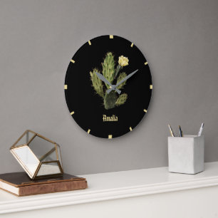 Monogramm Kaktusblüten Vintage Schwarze Wanduhr