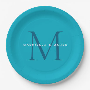 Monogramm-Kalligrafie Azurblau Modern Schlicht Pappteller