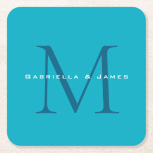Monogramm-Kalligrafie Azurblau Modern Schlicht Rechteckiger Pappuntersetzer