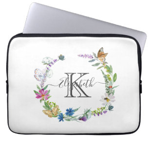 Monogramm Kalligrafie Schmetterlinge Blumen Laptopschutzhülle