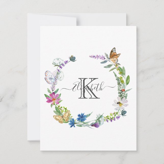 Monogramm Kalligrafie Schmetterlinge Blumen  Mitteilungskarte (Vorderseite)