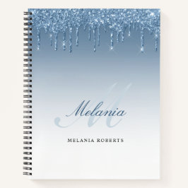 Monogramm Kalligraphie Blue Glitzer Tropfen Notebo Notizbuch