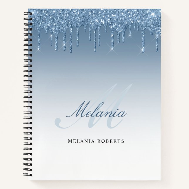Monogramm Kalligraphie Blue Glitzer Tropfen Notebo Notizbuch (Vorderseite)