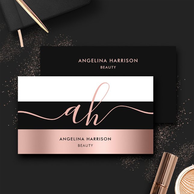 Monogramm Kalligraphie Schwarz-weiße Rose Gold Str Visitenkarte (Von Creator hochgeladen)