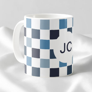 Monogramm Kariert Blau Weiß Modern Einfach Kaffeetasse