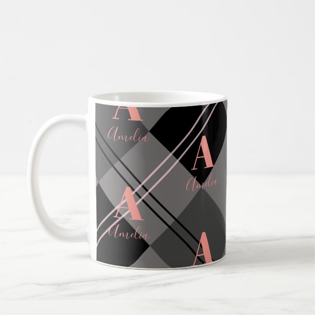 Monogramm Kariert Grau-Schwarz-Rosa Kaffeetasse (Links)
