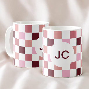 Monogramm Kariert Rosa Burgunderrot Modern Einfach Kaffeetasse