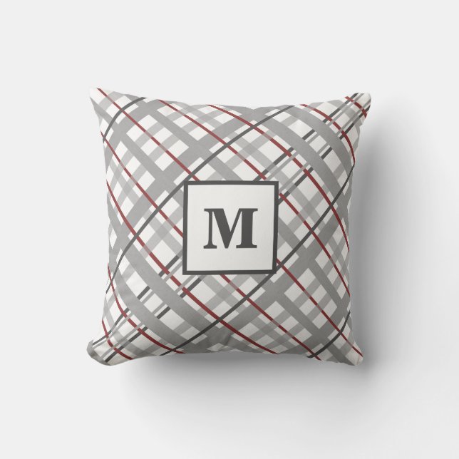 Monogramm Kariert Rot Grau Silber Kissen (Vorderseite)