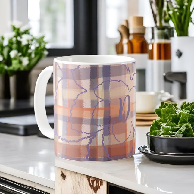 Monogramm karierte Herbstblätter beige Orange lila Kaffeetasse (Von Creator hochgeladen)