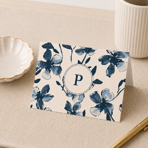 Monogramm-Karte mit blauen Blumen zum Zusammenfalt Dankeskarte