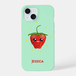 Monogramm Kawaii Erdbeerfrüchte auf Türkis iPhone 15 Hülle