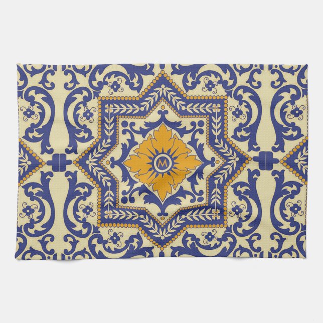 Monogramm-Keramik Azulejo Art-Blau-Tuch Handtuch (Horizontal)