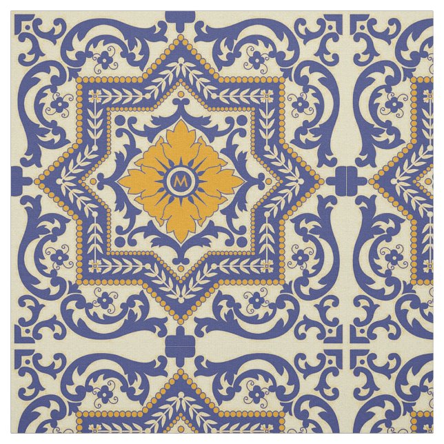 Monogramm-Keramik Azulejo Art-blaues orange Gewebe Stoff (Muster)