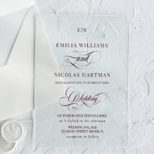 Monogramm Klare Burgund Kalligrafie Hochzeit Acryleinladungen