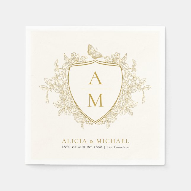 Monogramm klassisch elegante goldene florale Wappe Serviette (Vorderseite)