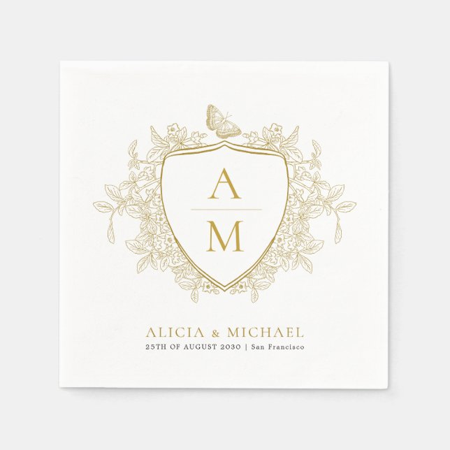Monogramm klassisch elegante goldene florale Wappe Serviette (Vorderseite)