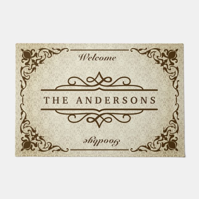 Monogramm-klassischer verzierter Grenzdamast-Retro Fußmatte (Vorderseite)