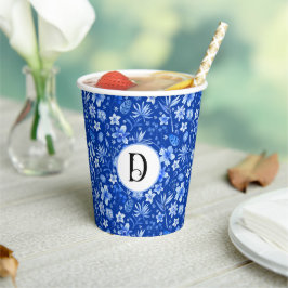 Monogramm, Kobalt Blau Blumen und Blätter Muster 8 Pappbecher