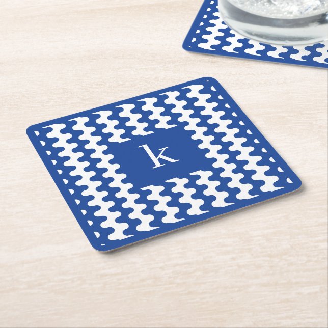 Monogramm Kobaltblau Fettes Wellenmuster Rechteckiger Pappuntersetzer (angewinkelt)