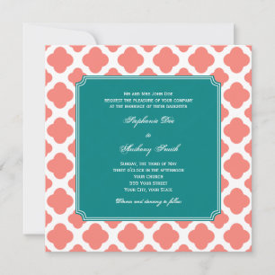 Monogramm Korallenrosa Quatrefolienmuster mit Aqua Einladung