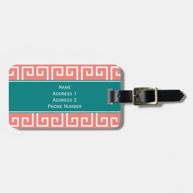 Monogramm Korallenrosa, Weiß, Aquamarines geometri Gepäckanhänger (Vorderseite horizontal)