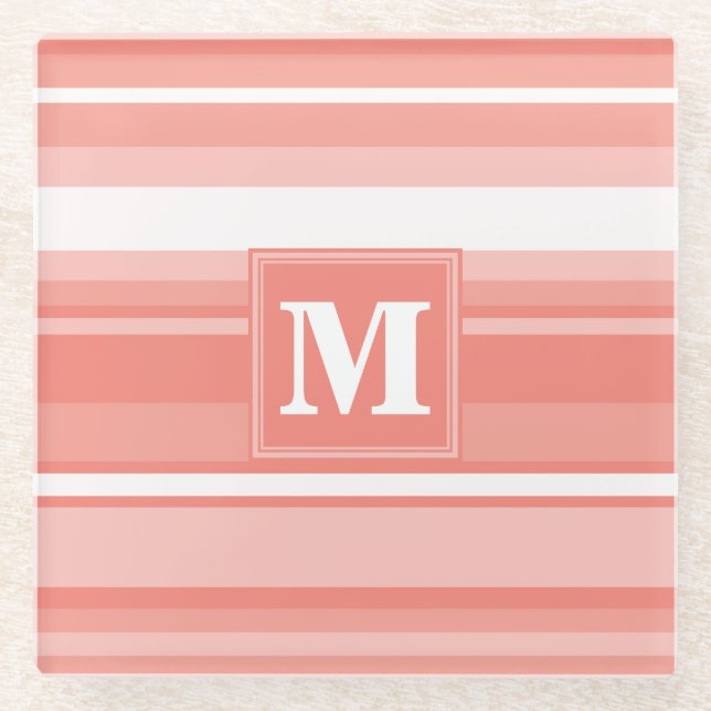 Monogramm Korallenstreifen Glasuntersetzer (Vorderseite)
