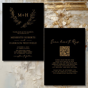 Monogramm Kranz QR Code Gold auf Schwarz Hochzeit Einladung